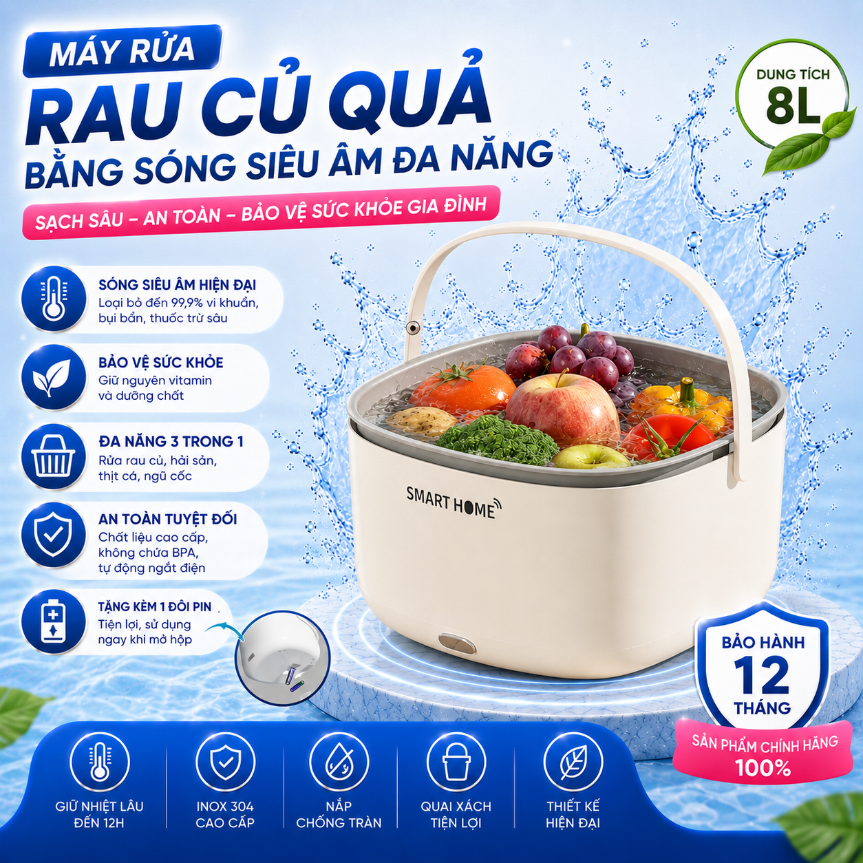 Máy Rửa Rau Củ Quả Bằng Sóng Siêu Âm Đa Năng Khử Khuẩn, Làm Sạch Thực Phẩm