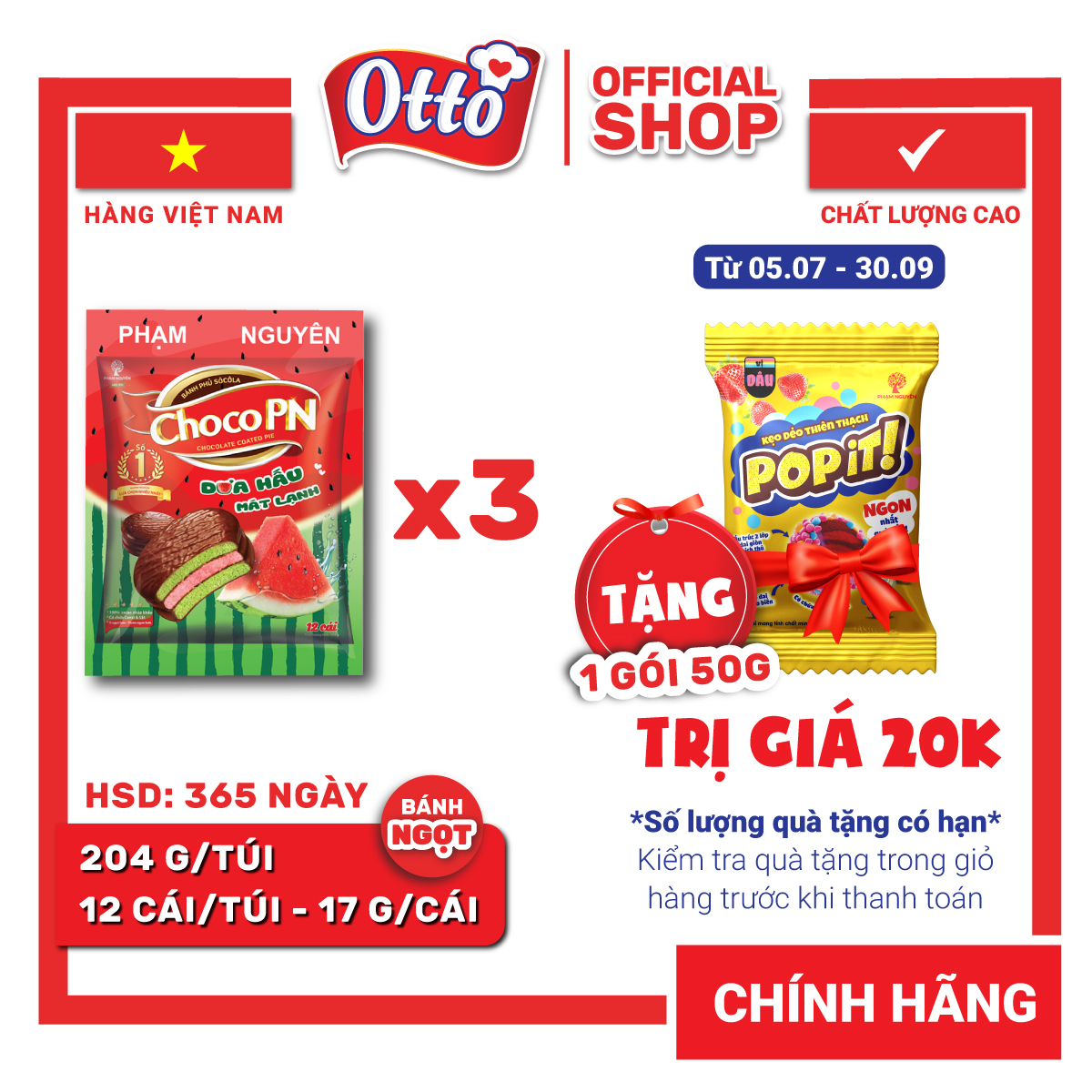 Combo 3 Túi Bánh phủ socola Choco PN Dưa Hấu 204g | Bánh ăn vặt Socola | Đồ ăn vặt