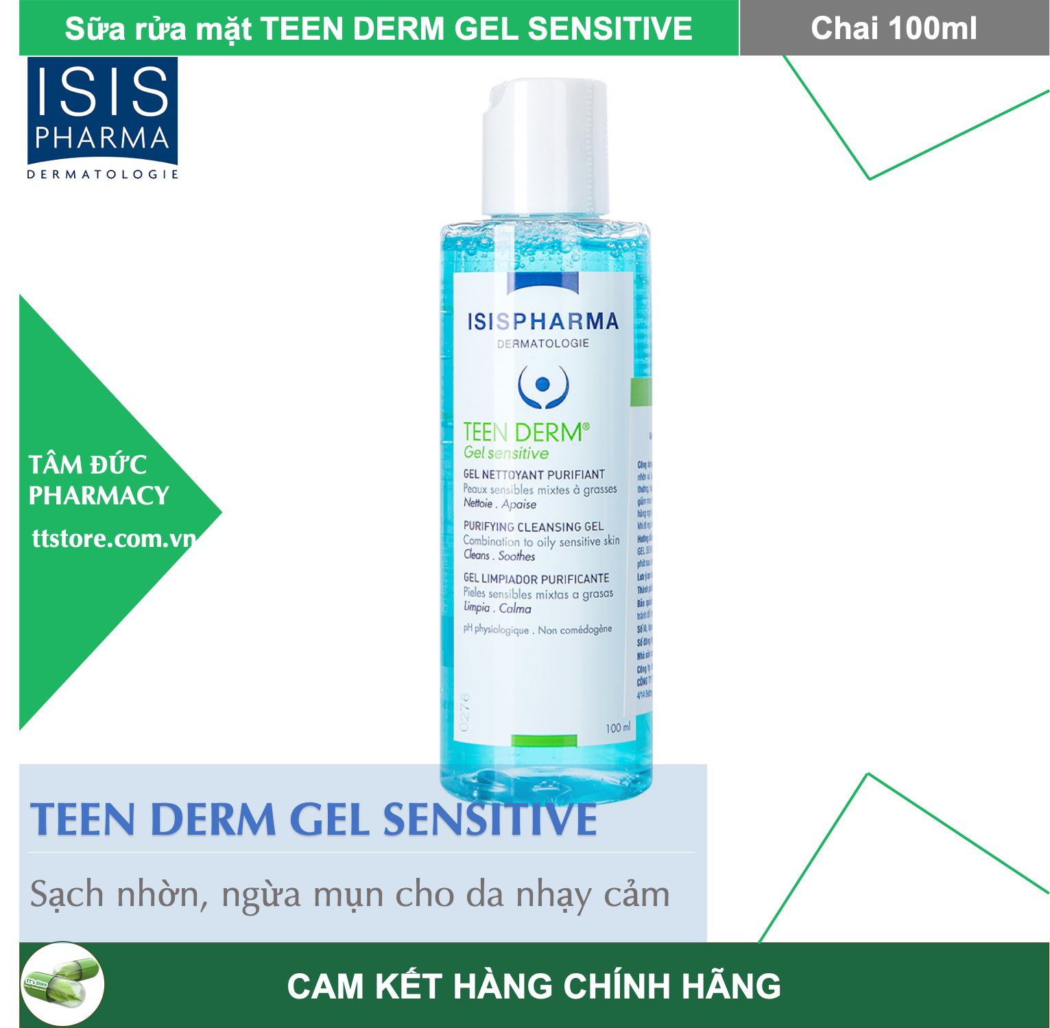 TEEN DERM GEL SENSITIVE [Chai 100ml] - Gel rửa mặt cho da nhạy cảm ISIS Pharma [teenderm gel]