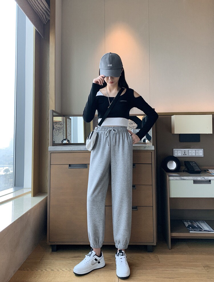 Quần nỉ nữ ống rộng bo gấu chất vải da cá dày dây rút cạp thun chun - Quần thể thao nữ jogger dài ống suông mặc tập gym