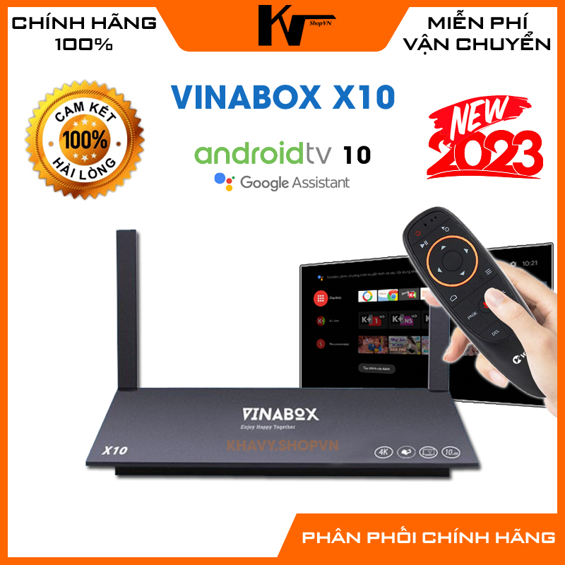 Android tv box vinabox x10 2023, allwinner h616, android tv 10.0, ram 4gb, bộ nhớ 32gb, tìm kiếm giọng nói