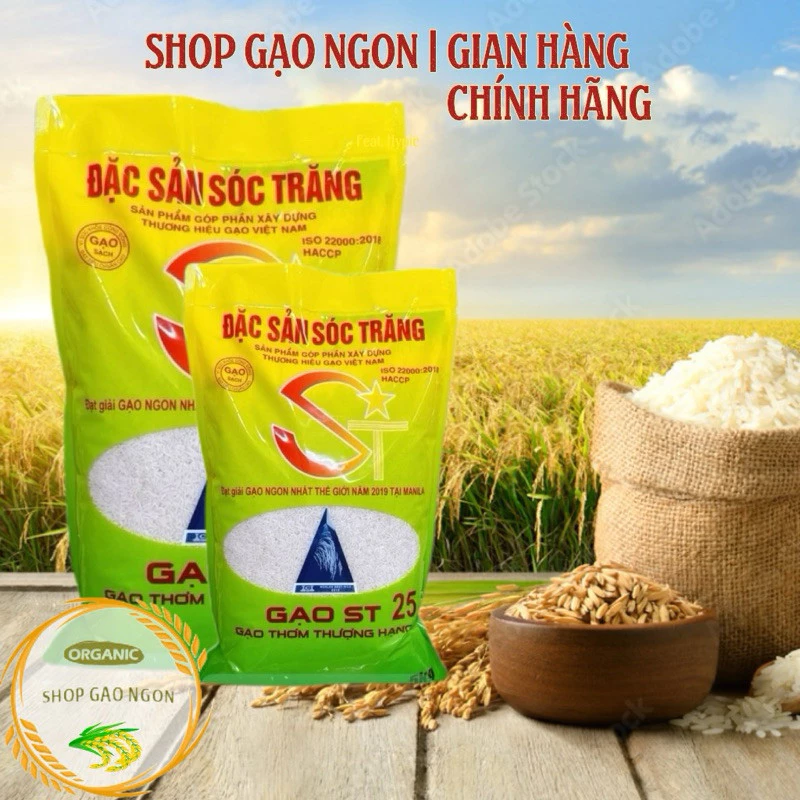 GẠO ST25 THƠM DẺO MỀM SÓC TRĂNG 5 Kg LÚA MỚI  THÔNG TIN SÅN PHẤM. Xuất xứ.Sóc trăng,việt nam. Khối lượng 5kg -Đua đúng gạo st25,gạo mới,đủ số lượng -Không đấu trộn gạo,không chất bảo quản. Đặc điểm hạt gạo: Hạt đục, nhỏ Màu trắng trong không bạc bụng