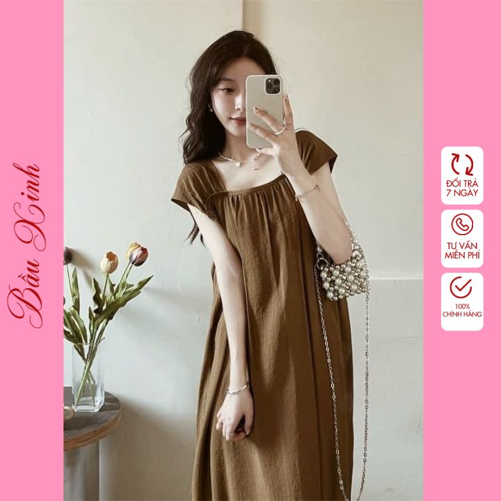 váy bầu xinh-đầm bầu xinh dáng suông dài,cổ pha ren điệu đà-mẫu mới