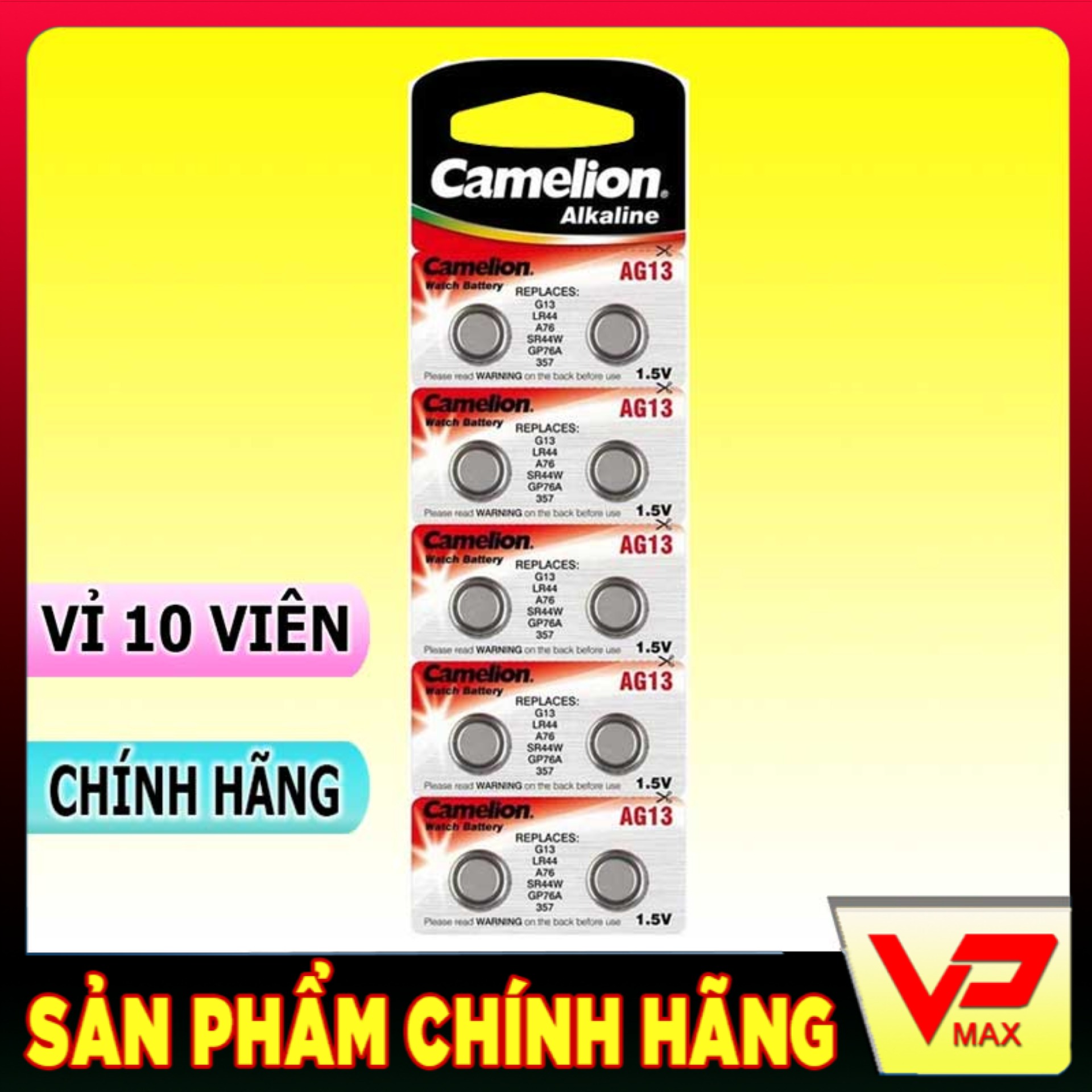 Pin tiểu Cmos , Vỉ 10 viên pin hạt nút 1.5V AG13, LR44, A76, SR44W, GP76A, 357 - vpmax