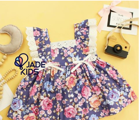 Váy bé gái, Đầm bé gái hoa nền tím hai dây phối ren xinh điệu cho bé