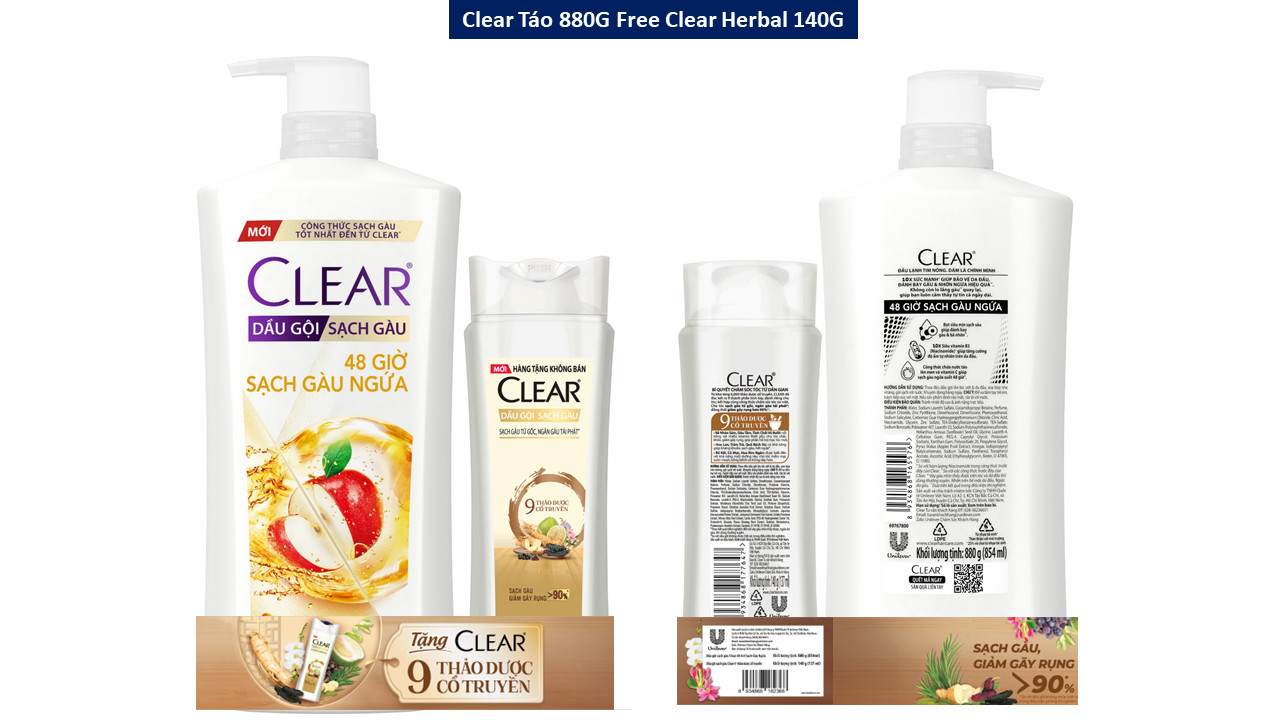 Clear dầu gội 48 giờ sạch gàu ngứa 880g tặng 9 thảo dược cổ truyền 140g