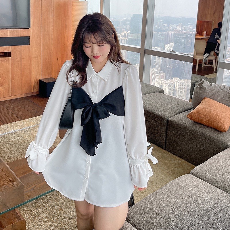 Áo sơ mi nữ tay dài thắt nơ phối yếm chéo ngực cực xinh smt1