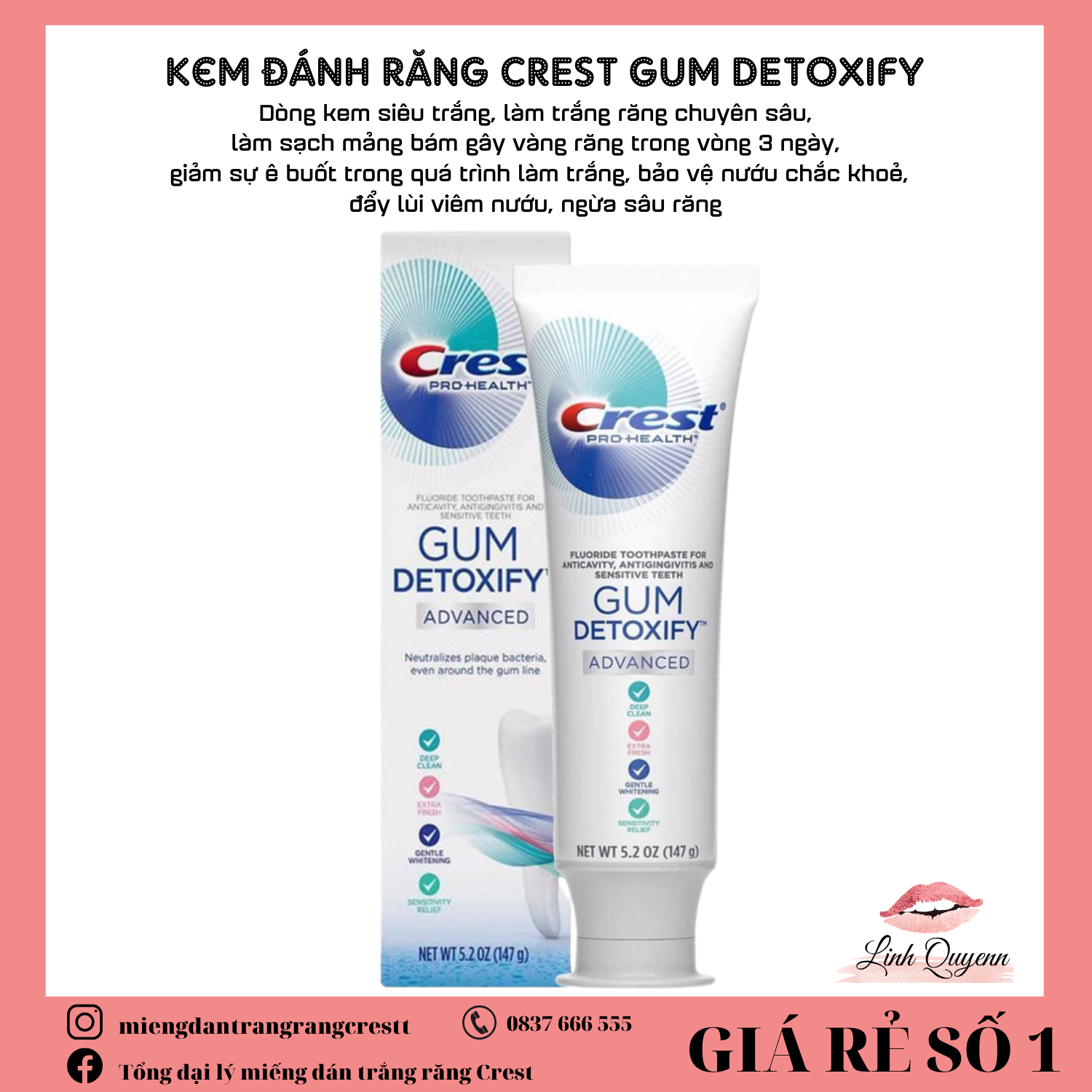 Kem đánh răng Crest Gum Detoxify Siêu trắng 147G