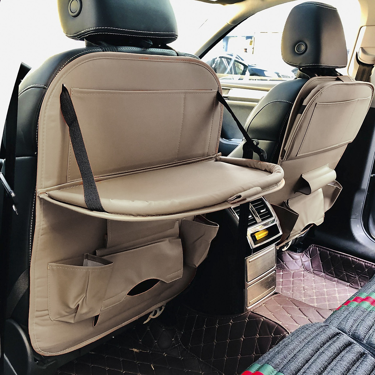 Túi Treo Đồ Sau Ghế Da Cao Cấp Có Bàn Ăn Gấp Gọn Dành Cho Xe Ô Tô - Các Ngăn Chứa Thiết Kế Thông Minh Tiện Lợi - Màu Be - Phù Hợp Với Tất Cả Các Loại Xe