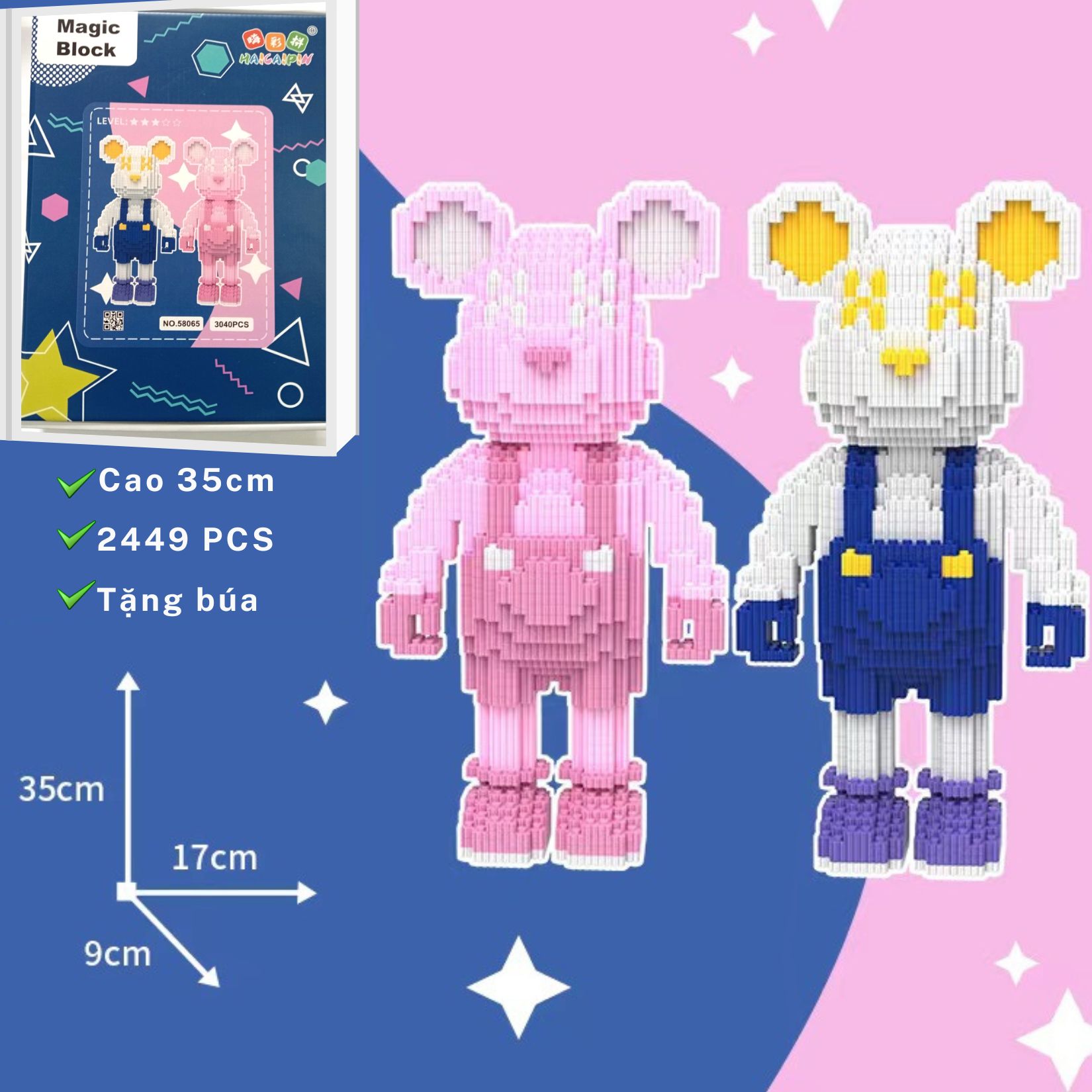 Set bearbrick yêu nhau mô hình lắp ráp gấu đôi size cao 35cm