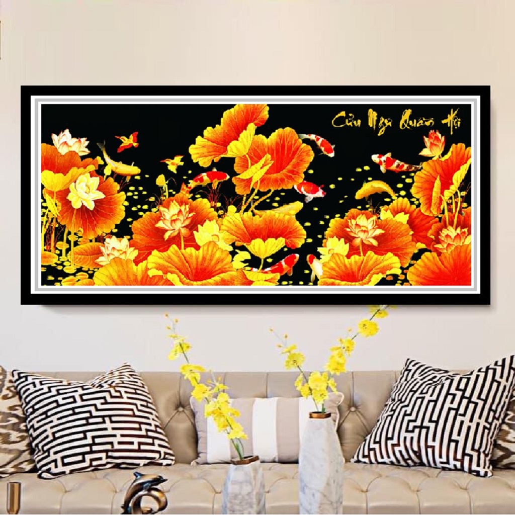Tranh Đính Đá Cửu Ngư Quần Hội Đá ABC Cao Cấp, Kích Thước 175x75cm