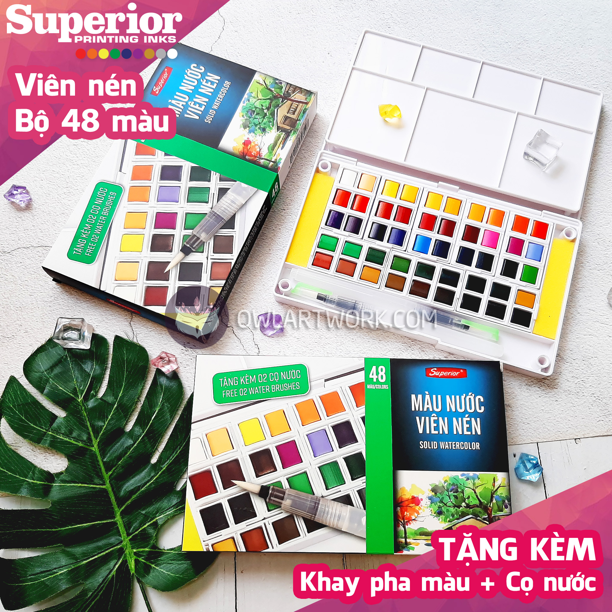 Màu nước superior viên nén set 48 màu tặng kèm cọ nước