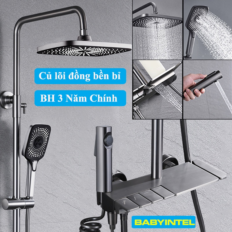 Bộ sen cây tắm đứng nóng lạnh, Bộ Vòi hoa sen, sen vòi tắm 4 phím Đàn màu xám phủ Nano - Hàng Cao Cấp