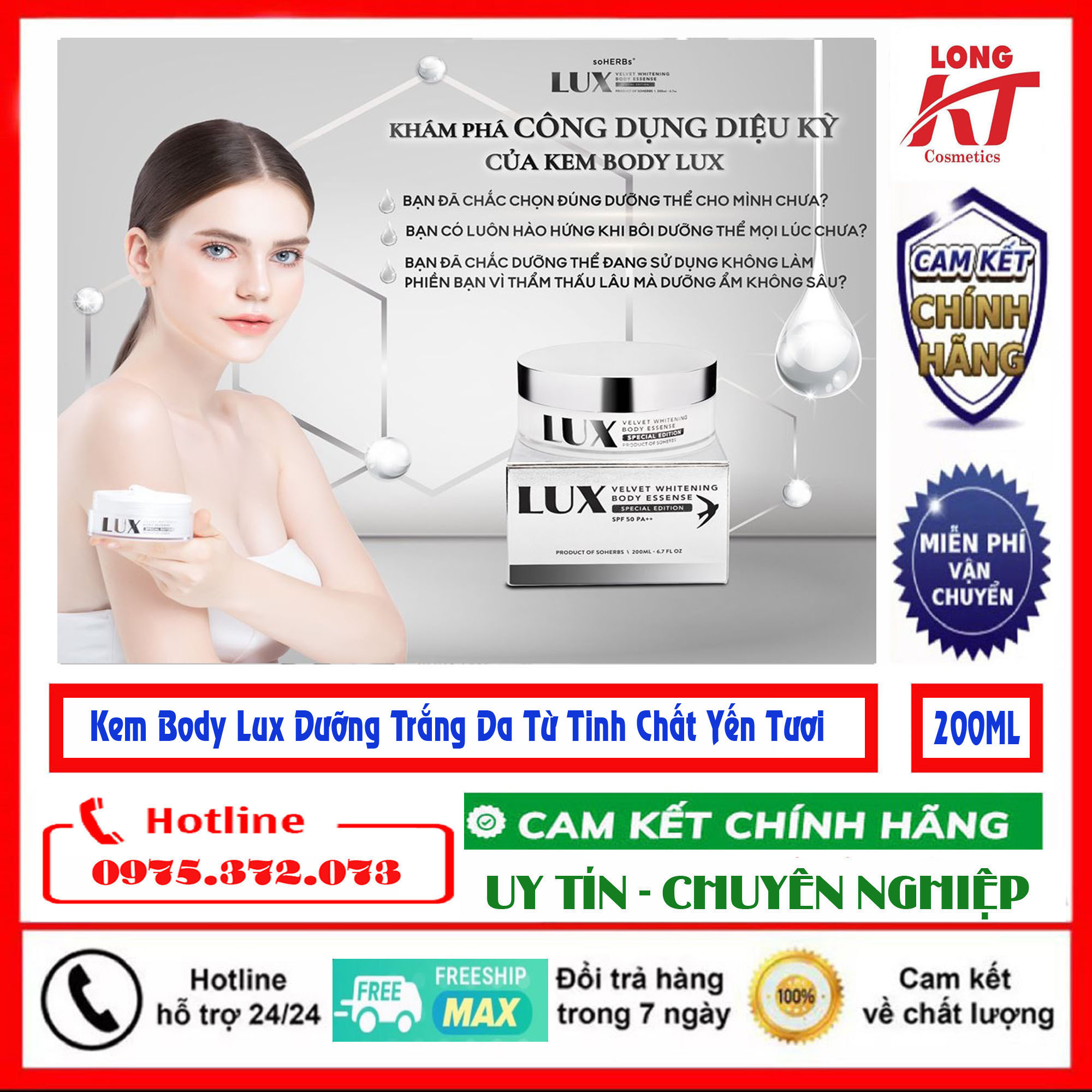 Kem body LUX,body nuôi dưỡng trắng Hồng từ bên trong,kháng nước,chống nắng,không bết rit Kem Body Phân Tử Nước