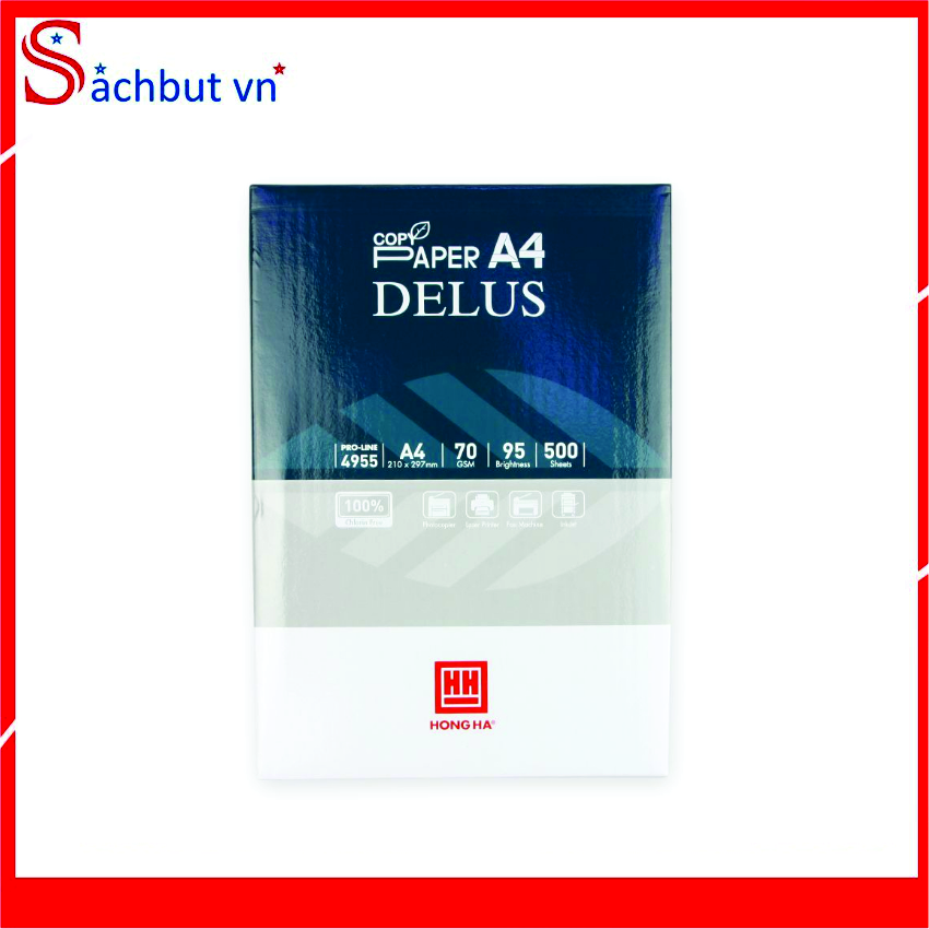 Giấy in A4 Delus Hồng Hà 75gsm 4955 - Sản phẩm ưu việt và chất lượng: Đạt trắng 95% chưa có loại giấy in nào đạt được.
