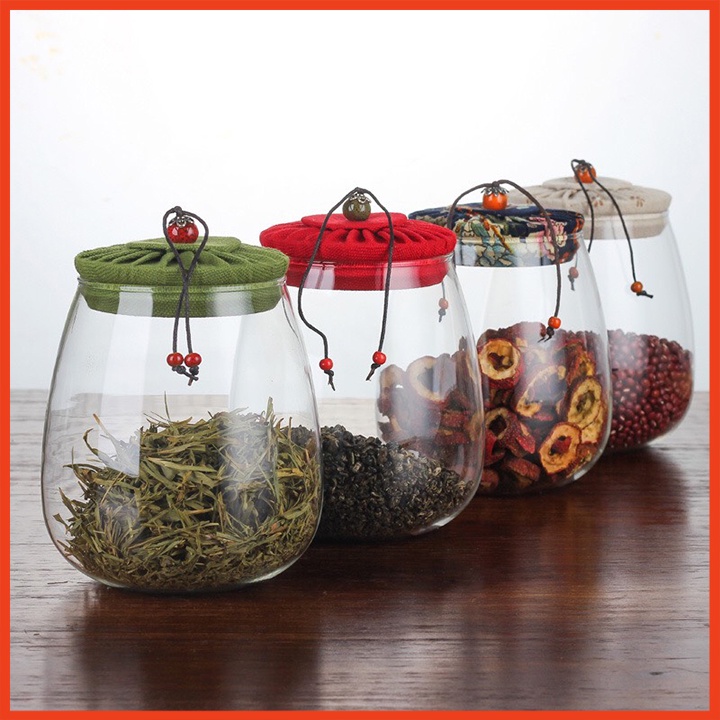 Lọ Thủy Tinh 600 ml Nắp Vải Vintage, Hũ thuỷ tinh đựng đồ khô, chè, trang trí, decor phòng
