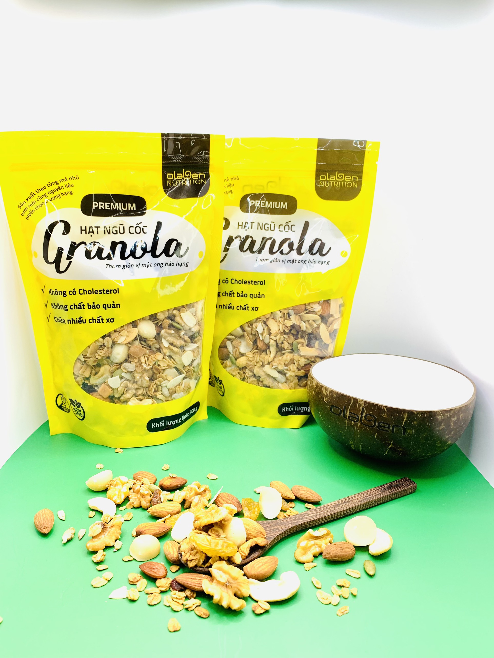 Olaben Nutrition Combo 2 túi Hạt Granola 500g + 1 bát gáo dừa kèm muỗng - Ngũ cốc giảm cân nướng mật ong Vanila