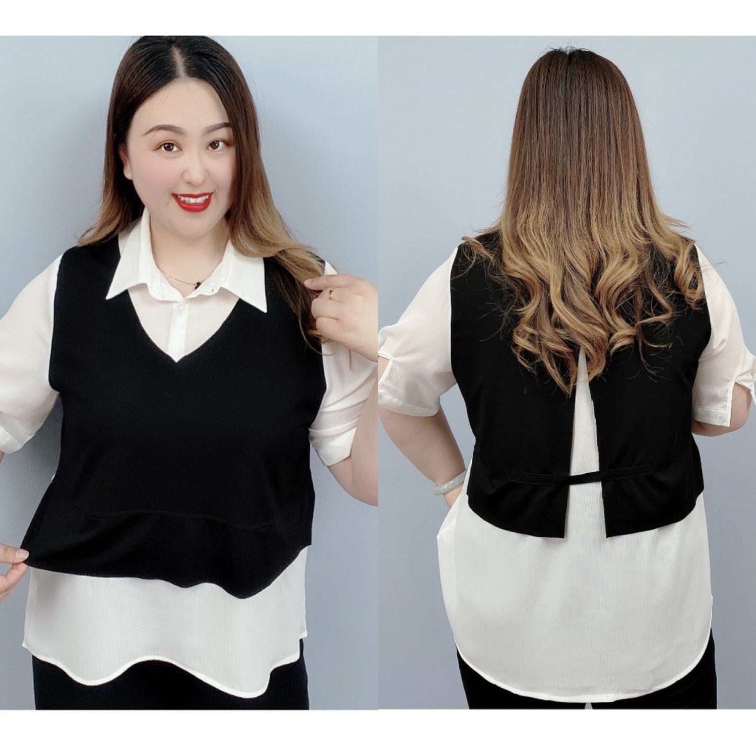 Áo sơ mi gile trắng đen form rộng che bụng và bắp tay, tư tin xuống phố