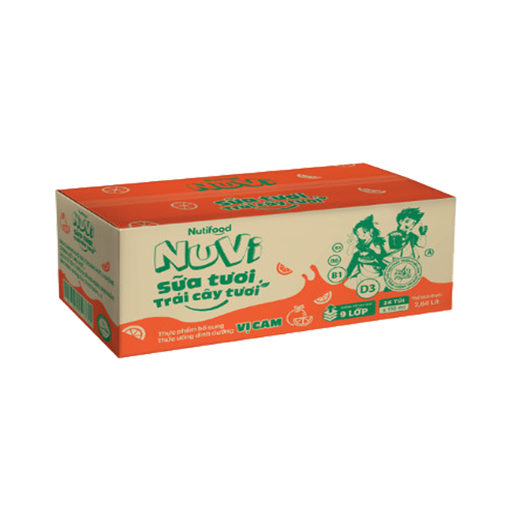 Thùng 24 túi nuvi sữa tươi trái cây tươi cam nuvic110 - túi 110ml - nutifood