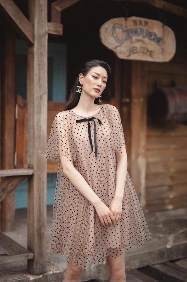 Váy bầu, đầm bầu thu chấm bi dáng dài thiết kế đuôi cá mới