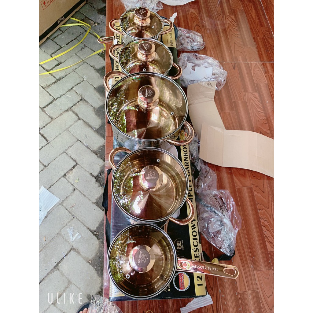 Bộ xoong nồi engelberg cao cấp 6 món 12 chi tiết, chảo, nắp kính thủy tinh, inox chống gỉ, dùng được mọi loại bếp, bảo hành 12 tháng