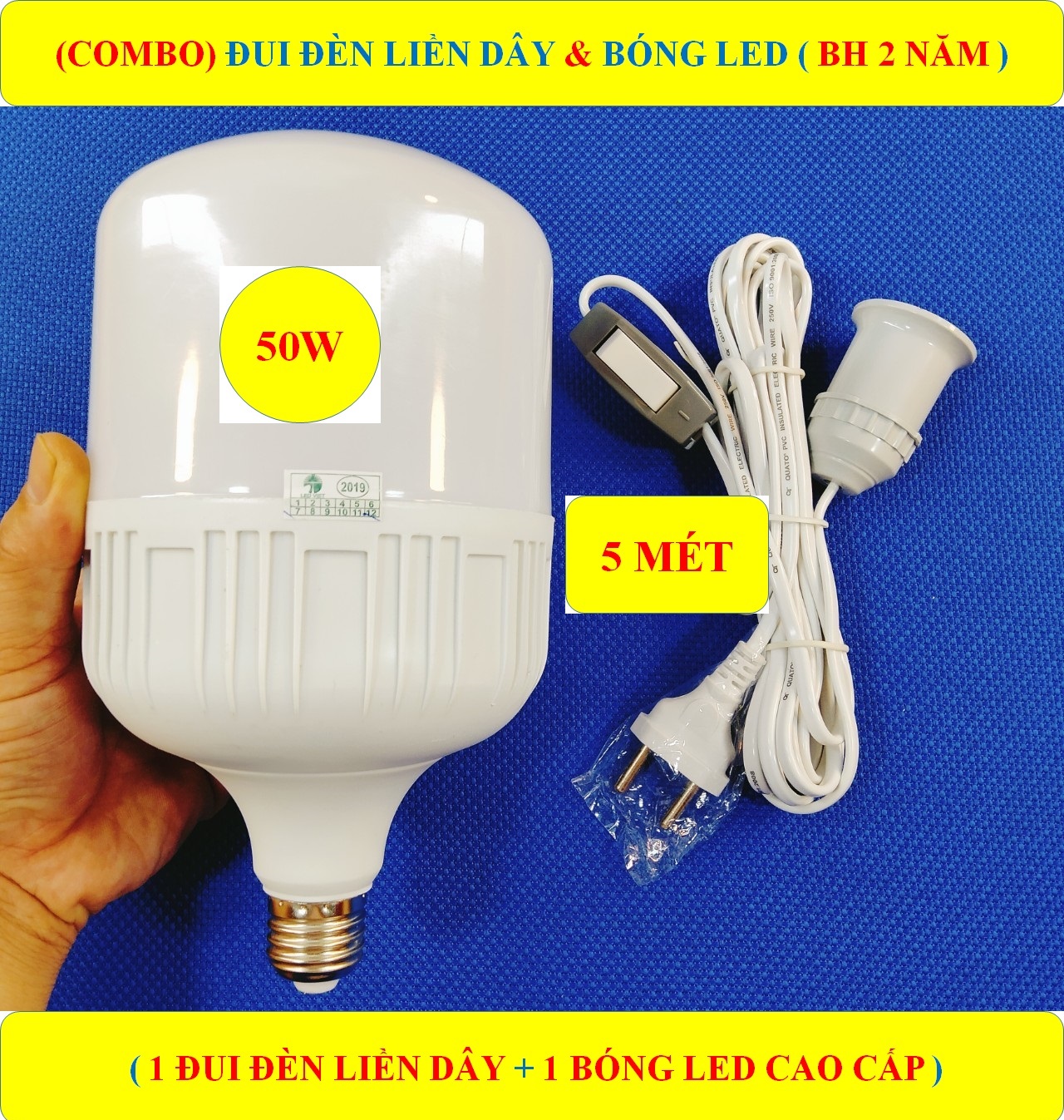 Combo 1 đui đèn liền dây 5 mét có công tắc + 1 bóng led 50w đui e27 chống cháy loại 1 cao cấp