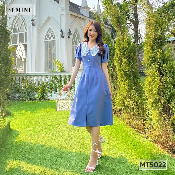 Đầm trơn cổ ren đính hạt bemine mt5022xanhlam