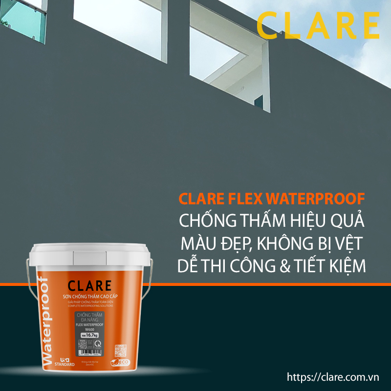 Clare Flex W600 Chống thấm đa năng pha xi măng cho sàn, tường, mái, máng xối màu đẹp không vệt , tặng chổi ct11a