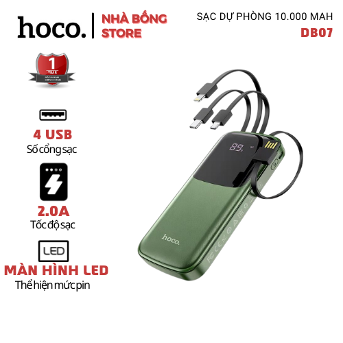 [CHÍNH HÃNG] Sạc pin dự phòng HOCO DB07 10000mah tích hợp 3 dây tiện lợi Lightning/TypeC/Micro - Bảo Hành 12 Tháng