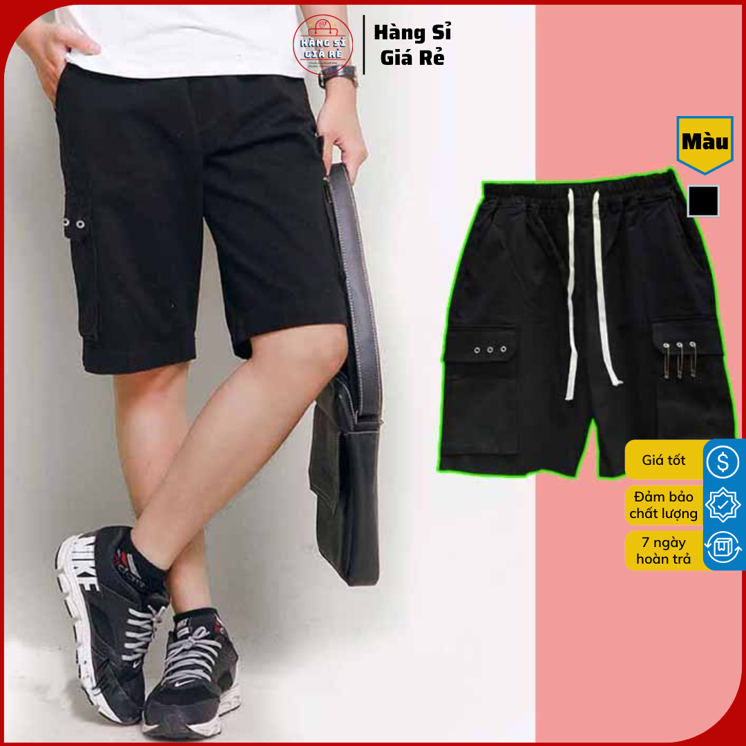 Quần sọt kaki túi hộp nam cao cấp quần short lửng màu đen kèm khuyên cá tính