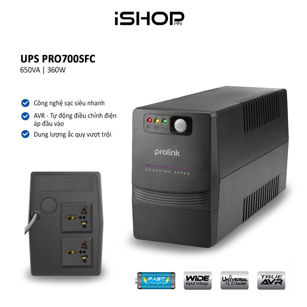 Bộ lưu điện ups prolink pro700sfc, 650va, 360w, sạc siêu nhanh, ổn định dòng điện, dùng cho pc, wifi, camera,...