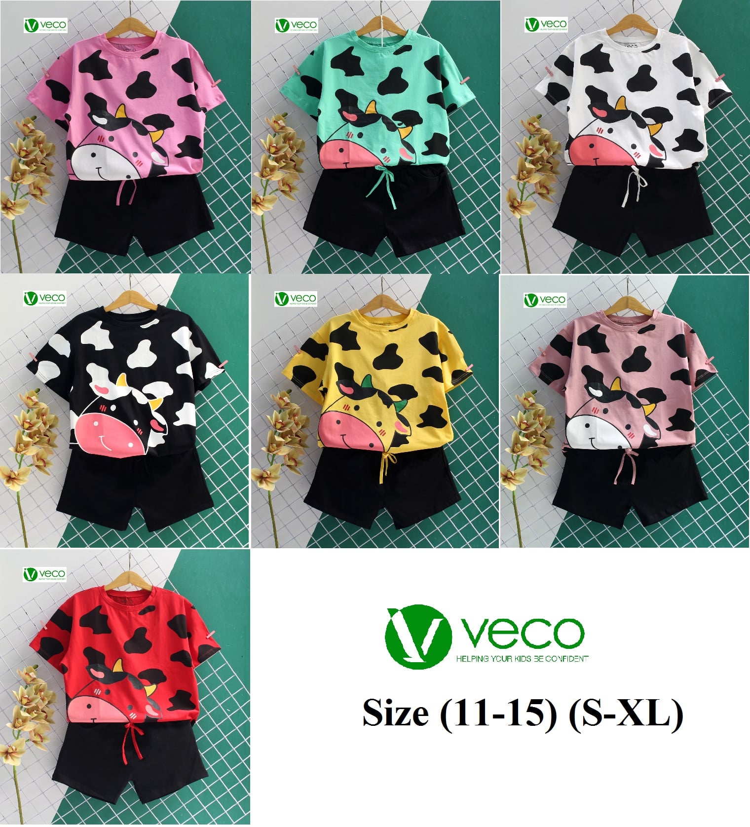 Bộ thun lửng Trend bò sữa siêu cute _Form Over size_chất thun cotton cao cấp xuất khẩu cho bé gái từ 35-65kg
