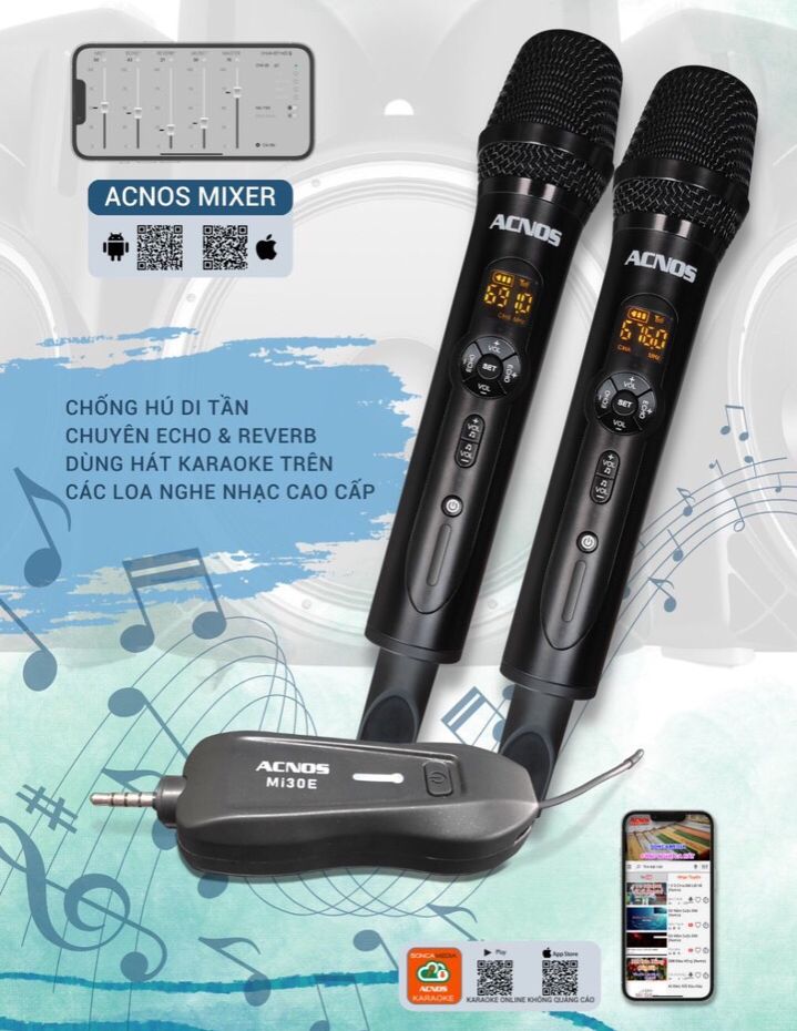 Micro acnos mi30e hàng chính hãng giá tốt, hút âm tốt, hát nhẹ hơi, các chế độ treble, bass, echo, volume qua ứng dụng, chống hú di tần, chống ồn, kết nối bluetooth, chỉnh được 30 kênh tần số, bh 12 tháng