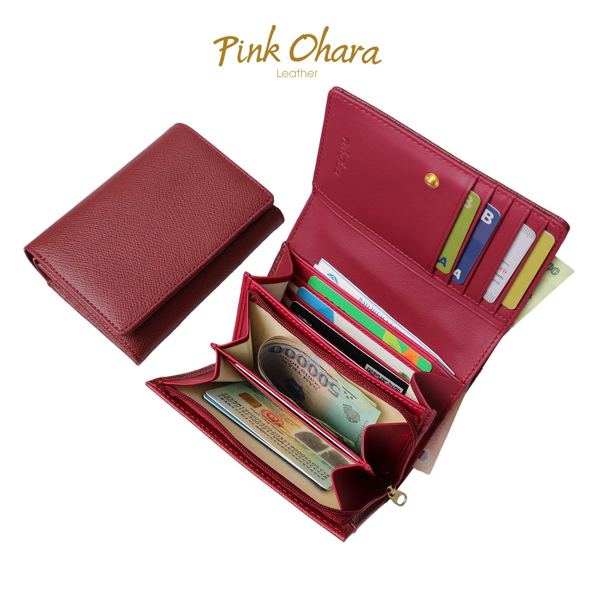 Ví cầm tay nữ gấp nhiều ngăn da bò Epsom nhập khẩu vừa GPLX cũ thẻ BHYT - Pink Ohara