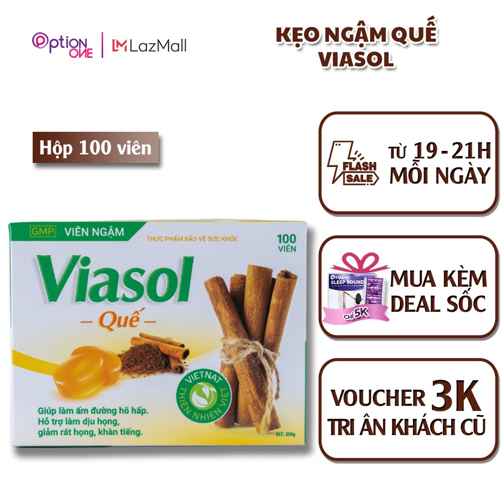 Kẹo ngậm thảo mộc thiên nhiên viasol quế vietnat giảm ho đau họng bổ phế - hộp 100 viên