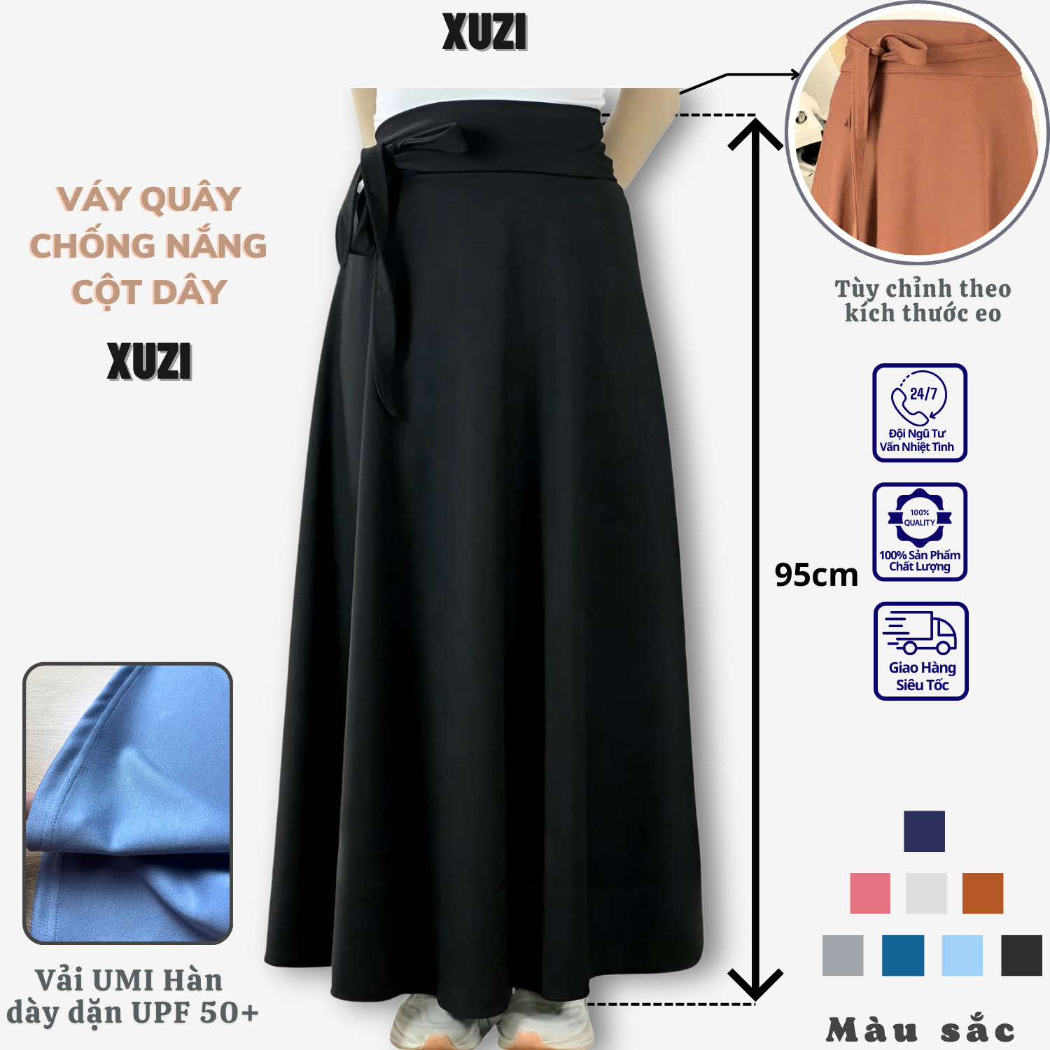 Váy chống nắng nữ cột dây chân váy quây chống nắng dáng xòe vải UMI hàn dày dặn cản tia UV nhà XUZI.