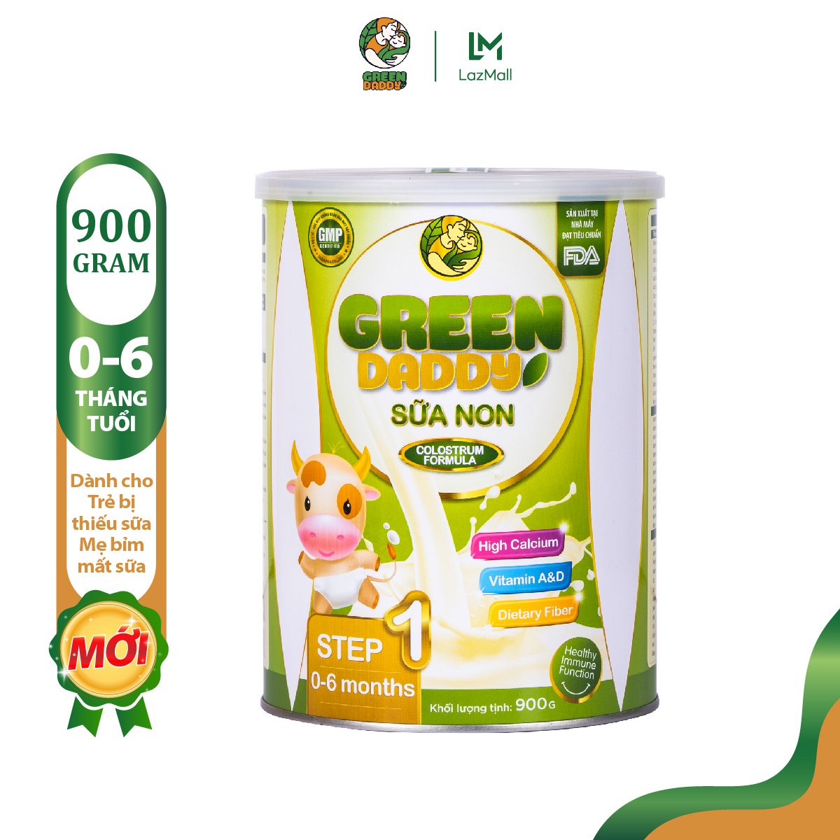 Sữa non Green Daddy Step 1 rau xanh hữu cơ bổ sung canxi, vitamin D3 giúp trẻ ăn ngon, phát triển gai vị giác, tăng hệ miễn dịch đường ruột, dành cho bé từ 0-6 tháng tuổi hộp 900g