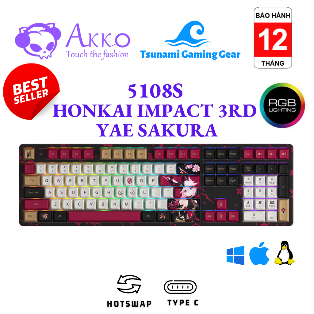 Bàn phím cơ AKKO 5108s Honkai Impact 3rd - Yae Sakura | led RGB | Hotswap | USB Type C | Crystal Switch