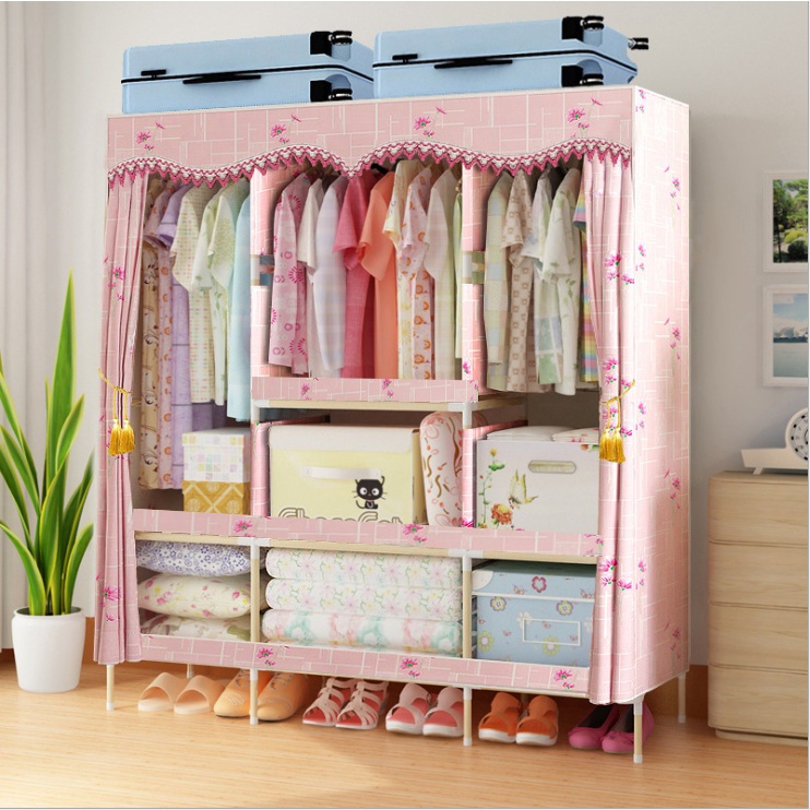 Tủ Đựng Quần Áo vải khung gỗ 3 buồng 7 ngăn tủ kệ đựng quần áo khung gỗ cỡ lớn loại 1