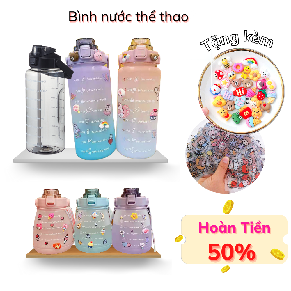 Bình nước 2 lít, 1.3 lít, bình đựng nước, bình nước thể thao + ống hút + Sticker 2D +3D