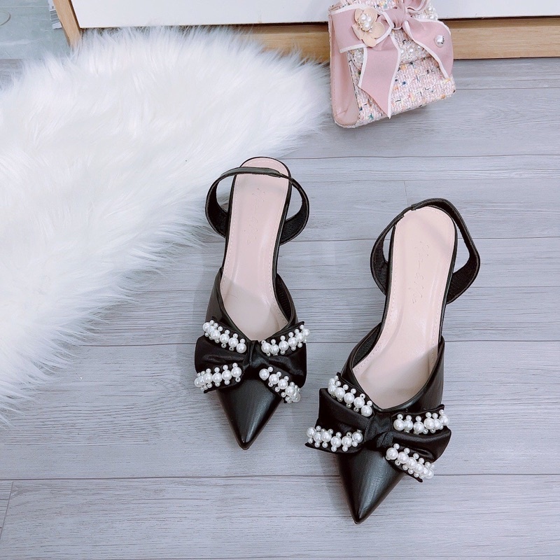 Giày cao gót nữ kiểu mới , sandal nữ mũi nhọn da lì nơ lụa bóng viền ngọc gót nhọn 5cm