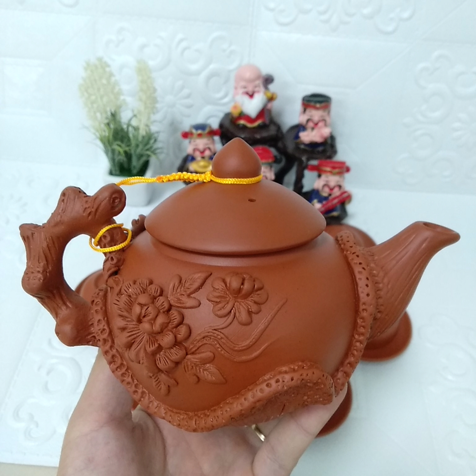 Ấm pha trà đất nung Bát Tràng hoa phù dung 400ml màu đỏ