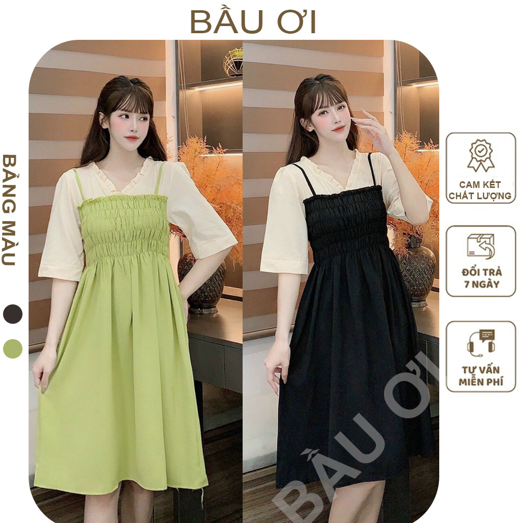 Váy bầu 2 dây kiểu dáng yếm siêu xinh - đầm bầu công sở phối vải thô tay ren trắng free size mặc đi làm đi chơi đi tiệc đều đẹp