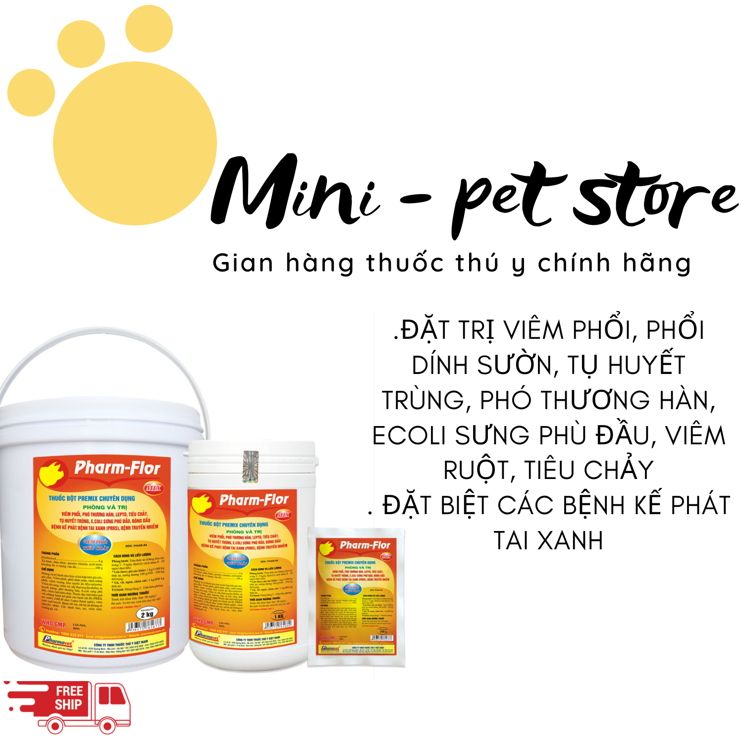 [1KG] FLOR TIÊU HÓA, HÔ HẤP, VIÊM PHỔI, PHỔI DÍNH SƯỜN,  TỤ HUYẾT TRÙNG, PHÓ THƯƠNG HÀN, E.COLI SƯNG PHÙ ĐẦU, VIÊM RUỘT TIÊU CHẢY. KẾ PHÁT CỦA BỆNH SỐT ĐỎ ( PRRS, TAI XANH), HEO, GÀ -THÚ Y DRICH