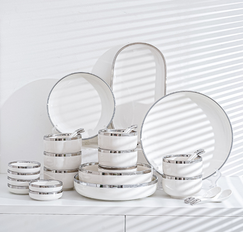Bộ 26 món bạch kim BÁN LẺ. set 26 món bạch kim bán lẻ. Bộ chén đĩa 26 món bạc. chén cơm bạc. bát ăn cơm. bộ bát đĩa 6 người ăn màu bạch kim bán lẻ