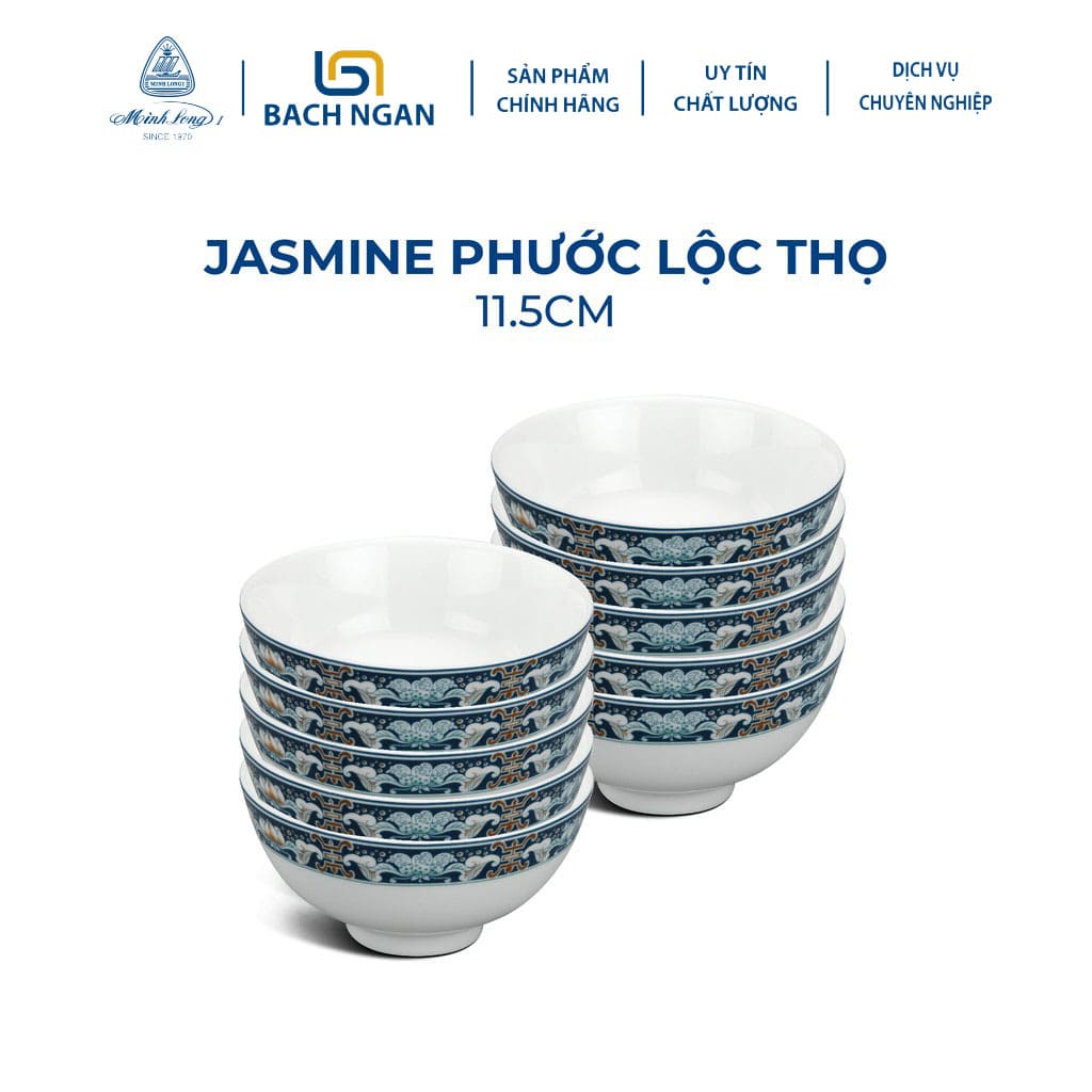 Bộ 10 Chén sứ cao cấp Minh Long 11.5 cm JASMINE Phước Lộc Thọ dùng ăn cơm trong gia đình, đãi khách hay tặng người thân