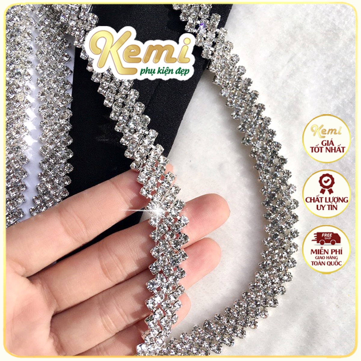 1m dây đá pha lê 5 hàng bắt chéo trang trí thời trang viền áo váy đầm, làm đồ thủ công handmade