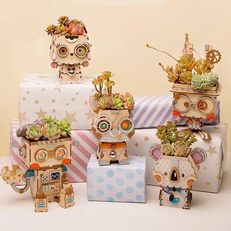 Mô hình 3d gỗ robotime mô hình chậu hoa cún poppy, robot, gấu koala, thỏ bunny