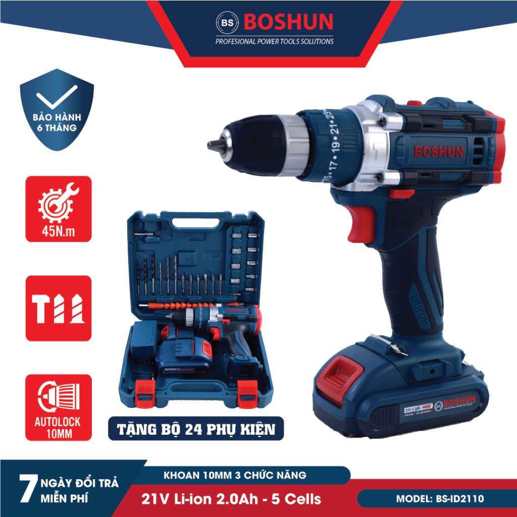 Máy khoan pin boshun 21v hm-id2110 động cơ lõi đồng - khoan pin 3 chức năng boshun tặng kèm đầy đủ bộ phụ kiện 24 chi tiết