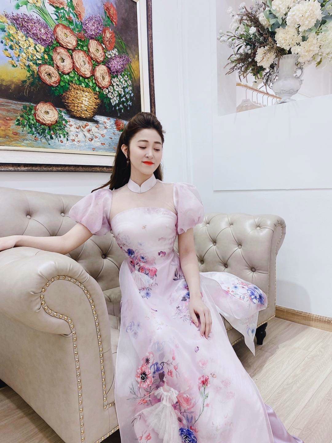 Áo dài cách tân Cẩm Vân, áo dài tay bồng đính kết sang chảnh